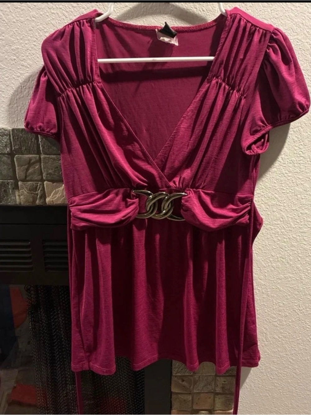 Wrapper Deep Pink V-Neck Short Sleeve Top with Decorative Buckle